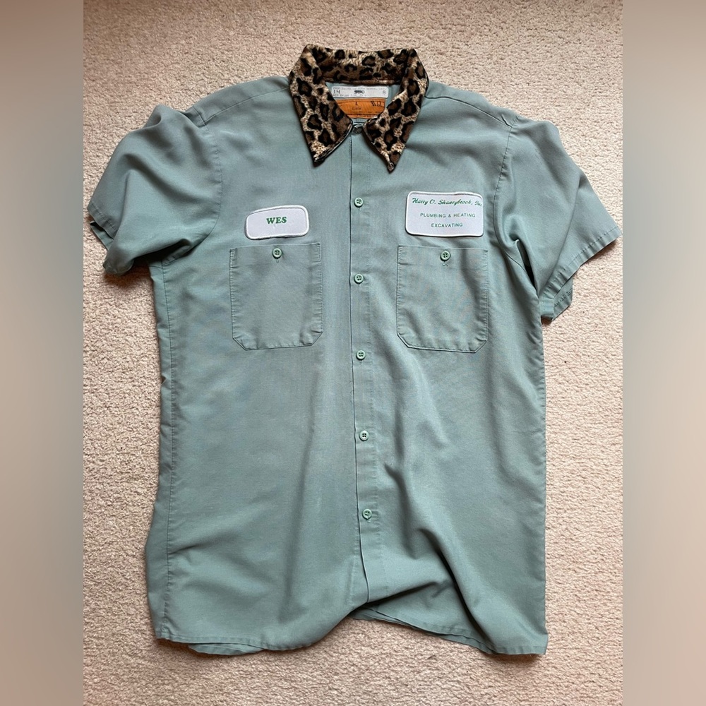 Men's Green Work Shirt with Leopard Print Collar